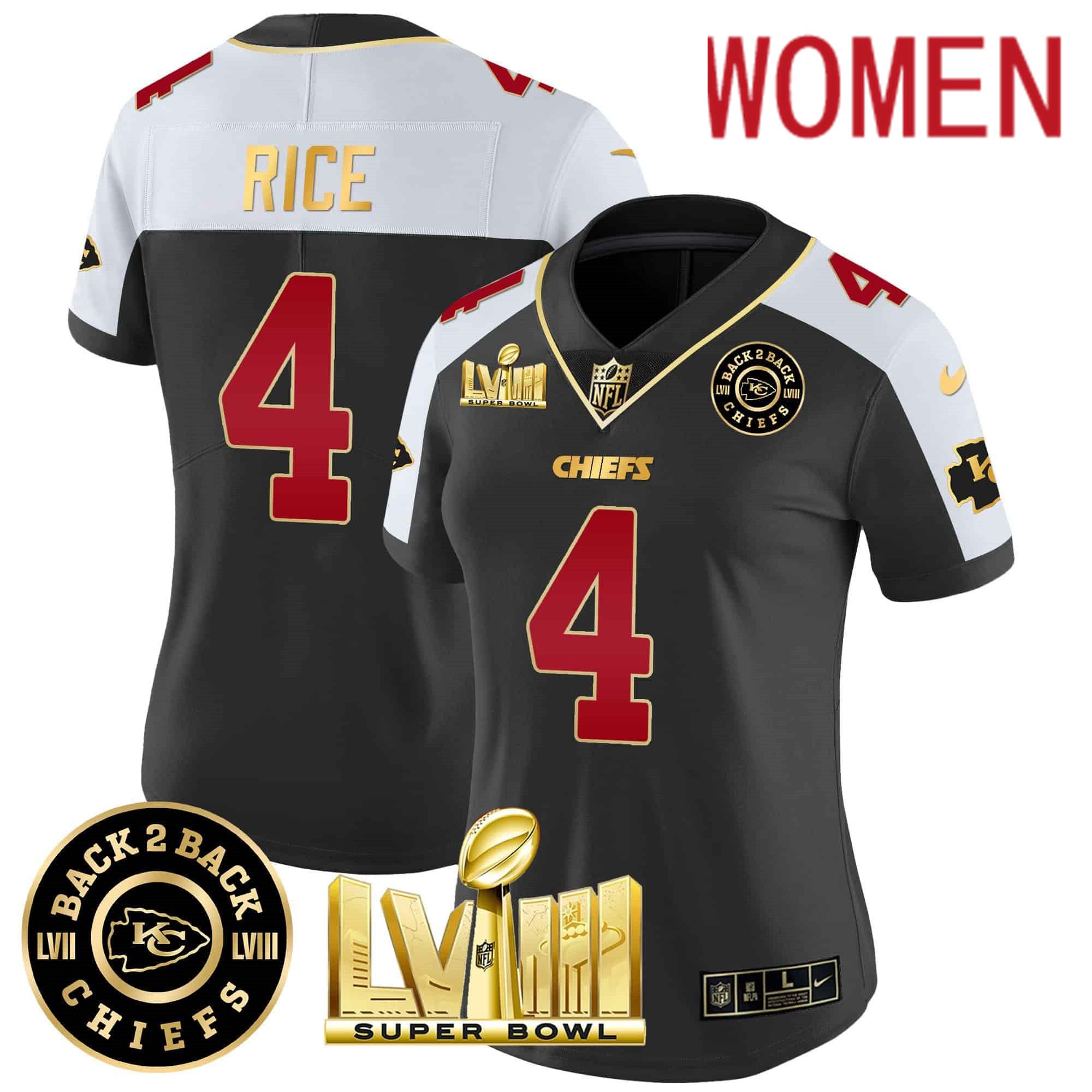 Women Kansas City Chiefs #4 Rice Black 2024 Nike Super Bowl LVIII & Back-2-Back Patch Vapor NFL Jersey->women nfl jersey->Women Jersey